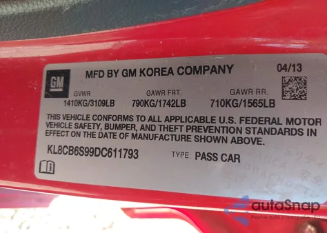 2013 Chevrolet Spark Ls Auto z USA, uszkodzony, nr VIN KL8CB6S99DC611793